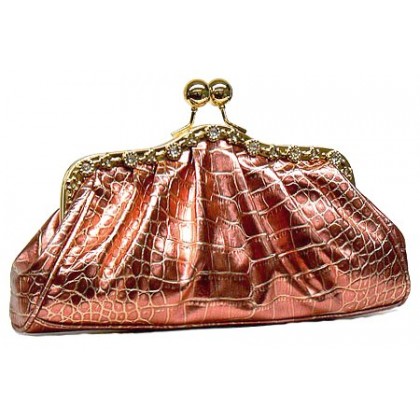 Evening Bag - 12 PCS - Metallic Embossed w/ Rhinestone Frame - Red - BG-EV6145RDe